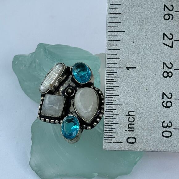925 Sterling  Rainbow Moonstone, Blue Topaz & Biwa Pearl  Size 8.5 - Picture 6 of 7
